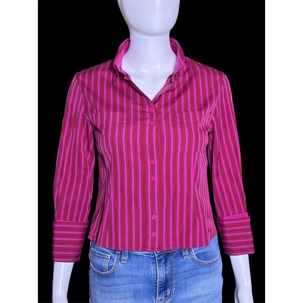 Y2K Louis Vuitton Magenta Pink and Red Vertical Striped Button Down Blouse